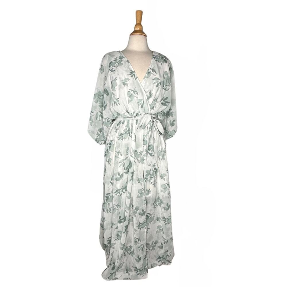 Baltic Born Sage Green Leaf Printed Wrap Maxi Dress Belted Flowy Boho Bohemian